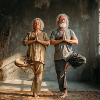 Adultos mayores practicando yoga en ambiente sereno