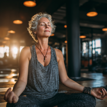 Instructor guiando clase de yoga para adultos mayores